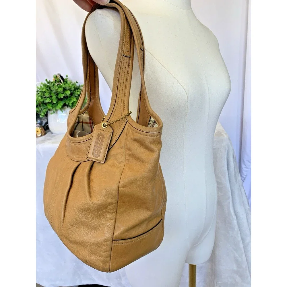 Coach Pleated Ergo Tote #12240 Tan Leather Tattersall Lining 2008 Shoulder Bag